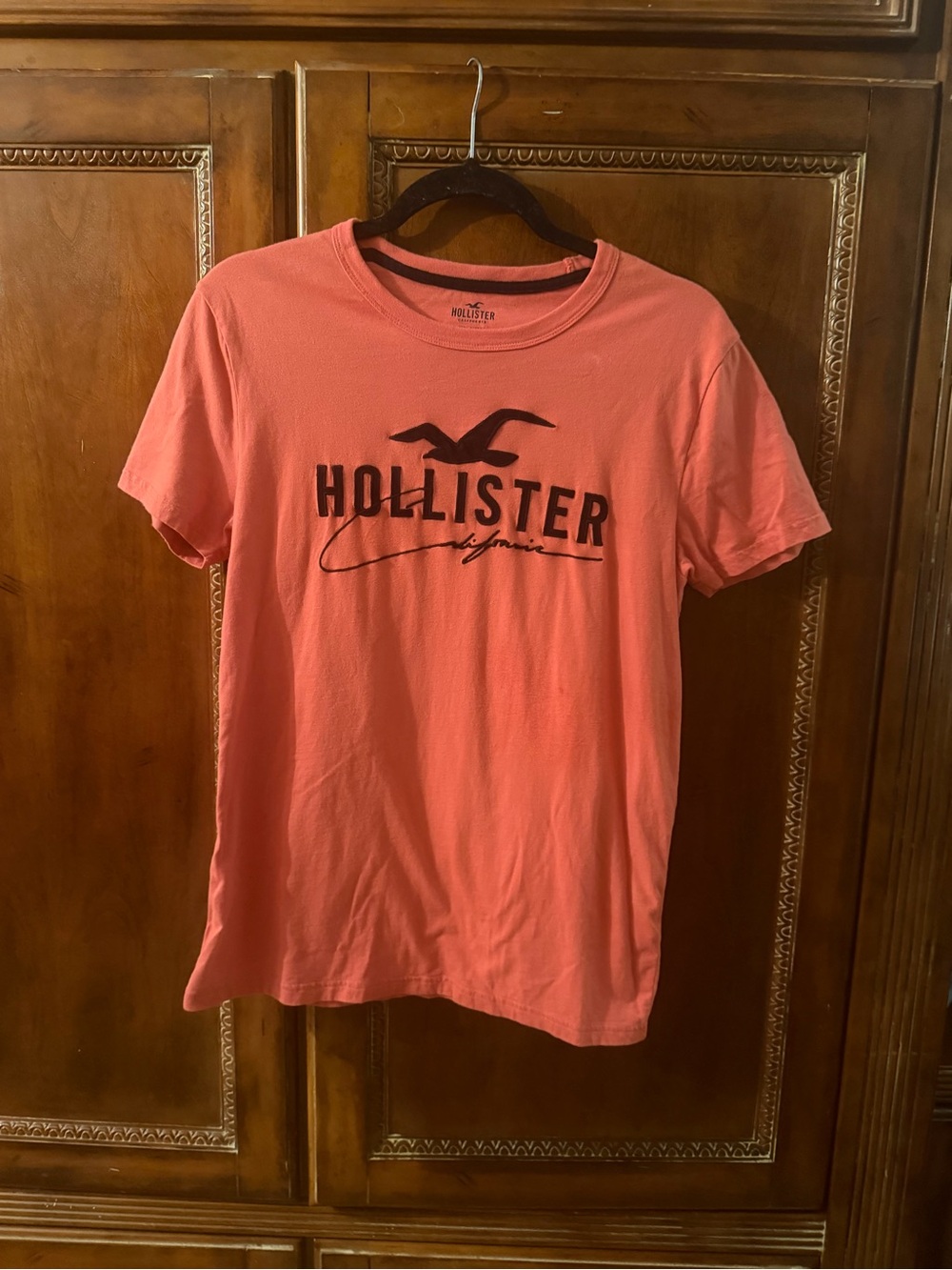 Hollister Men's Coral Pink Logo Tee - Short Sleeve Crewneck